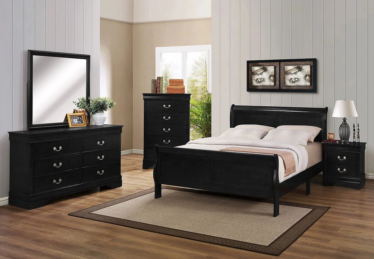 4pc Twin Size Bed Set Dresser Mirror Nightstand Black Wooden I935