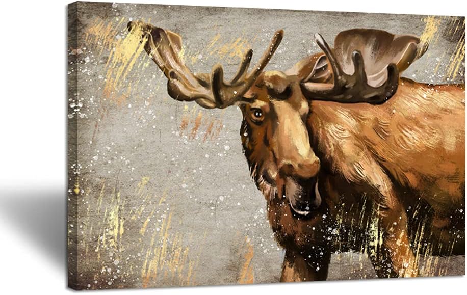 Large Vintage Moose Canvas Wall Art Abstract Wildlife Elk Deer Picture Painting Stretched and Framed Ready to Hang 24x36inch L44075