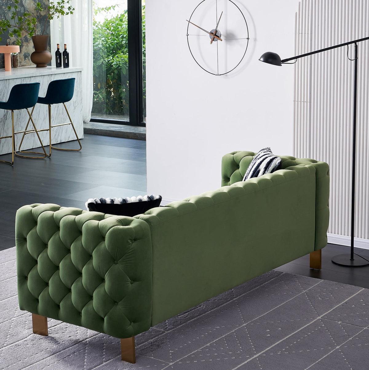 Green Tufted Velvet Sofa with 2 Pillows, 84 inches R27794