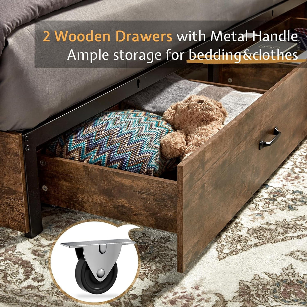 King Size Wooden Platform Storage Bed Frame with Bookcase Headboard K229
