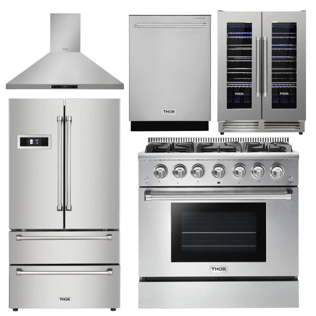36 in. Natural Gas Range, Range Hood, Refrigerator, Dishwasher & Wine Cooler Y6960