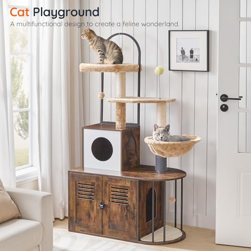 Cat Tree with Litter Box Enclosure, 31.5" Cat Tower with Sisal Posts, Hammock, Rustic Brown J4686