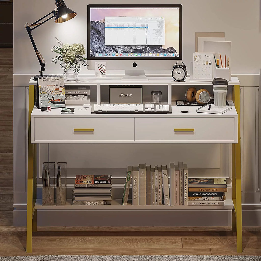 White and Gold Computer Desk with Drawers C432838