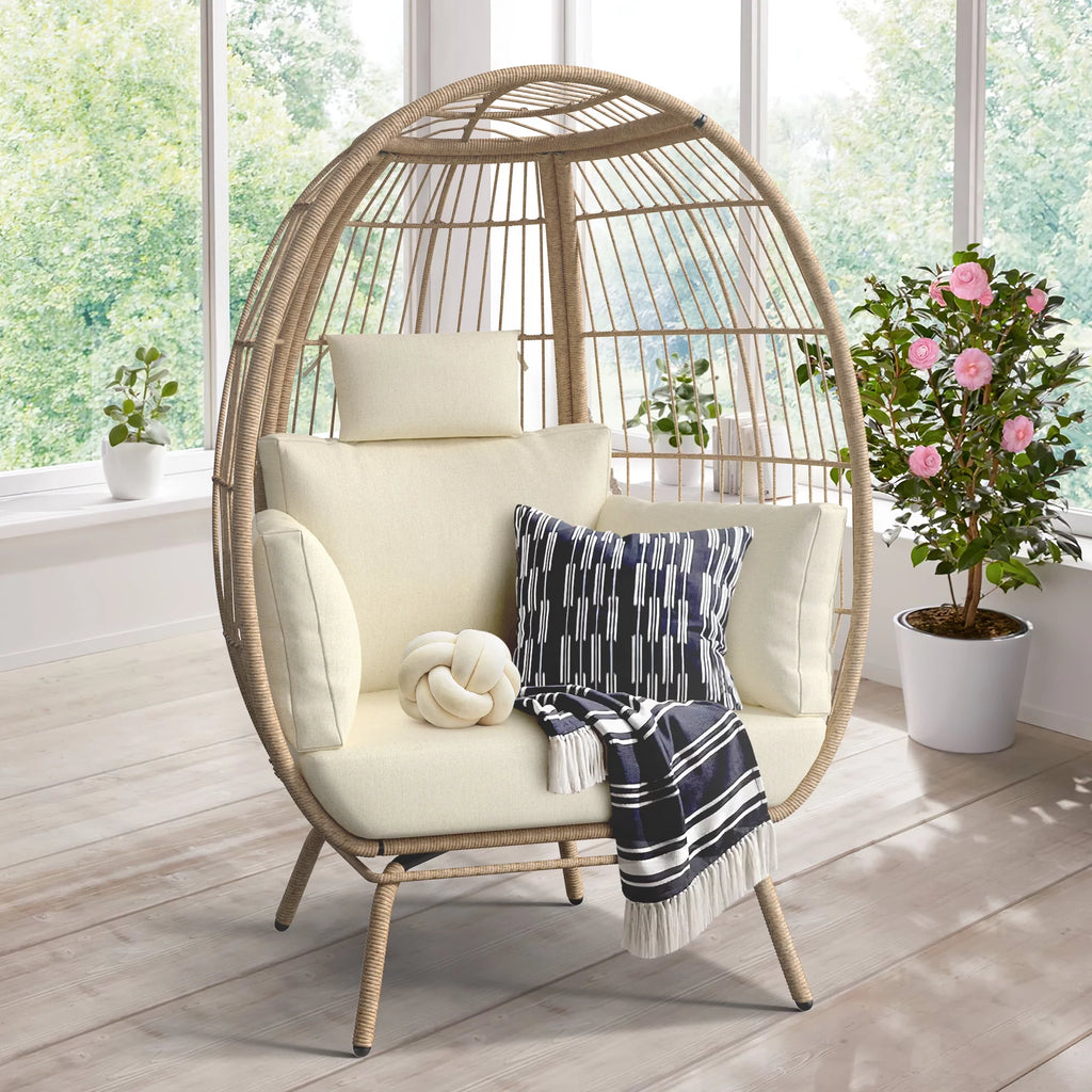 Oversized Beige Wicker Egg Chair V33869