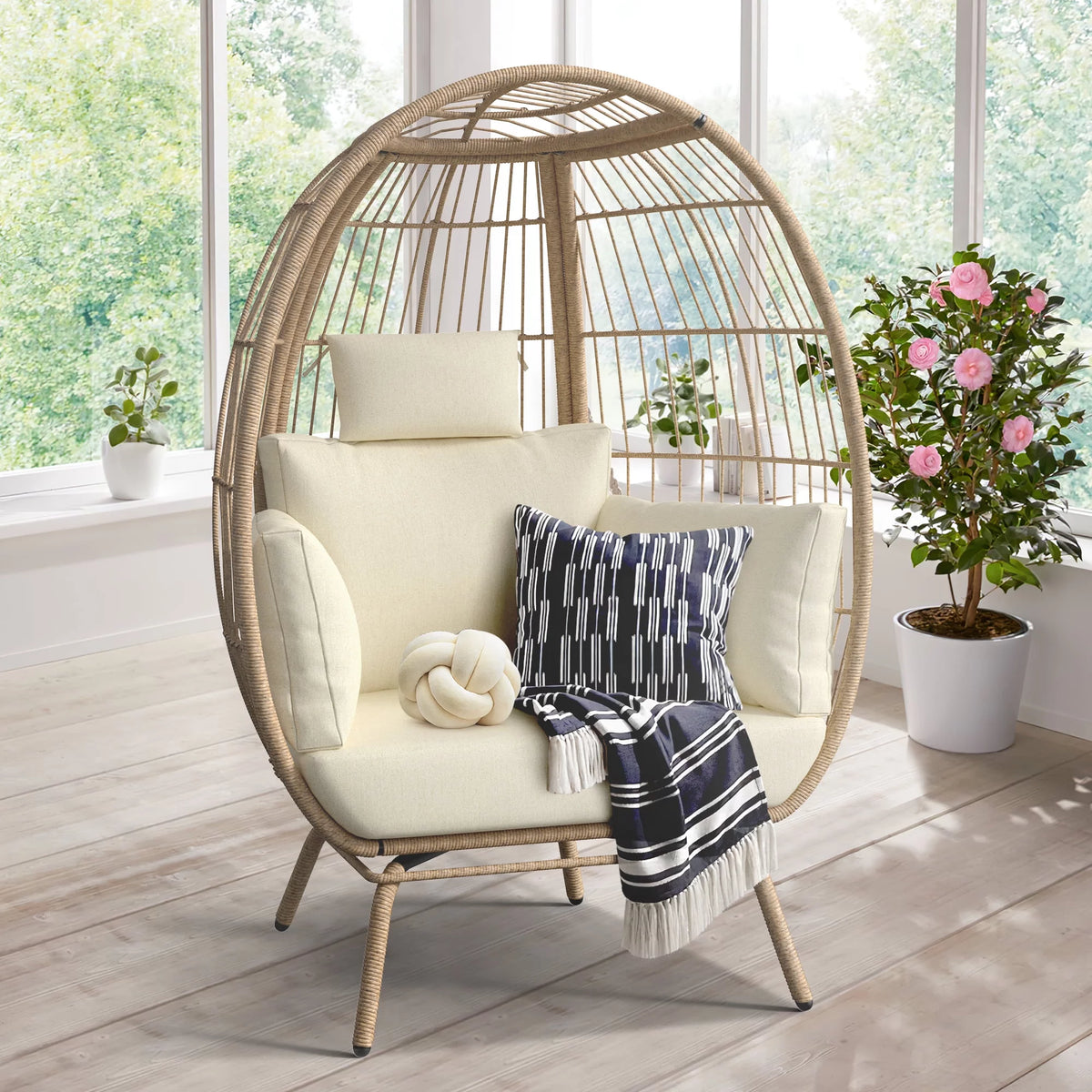 Oversized Beige Wicker Egg Chair V33869