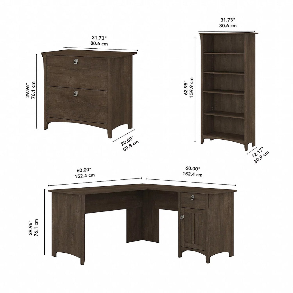 Ash Brown L Desk with File Cabinet & Bookcase J600