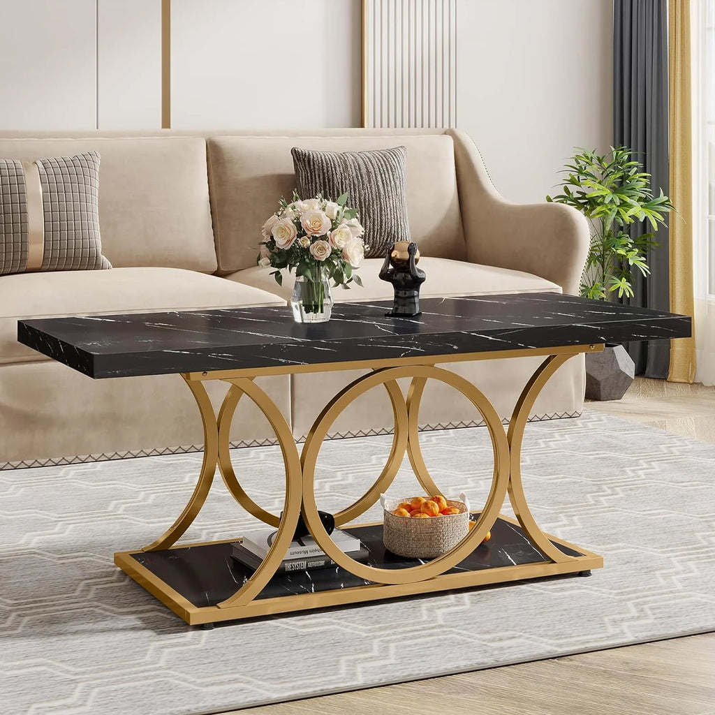 2-Tier Faux Marble Wood Coffee Table with Storage Shelf W318