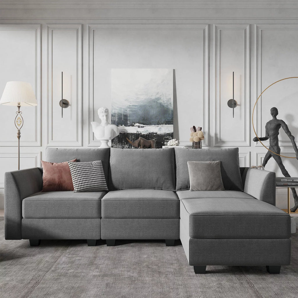 87" Convertible Sectional Sofa with Storage Seats, Grey Polyester V2529