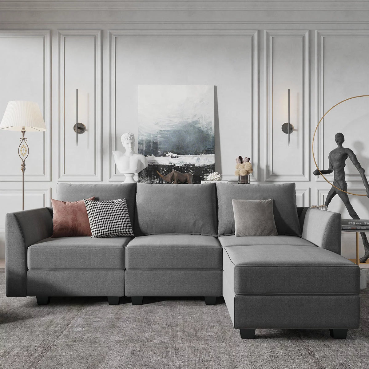 87" Convertible Sectional Sofa with Storage Seats, Grey Polyester V2529