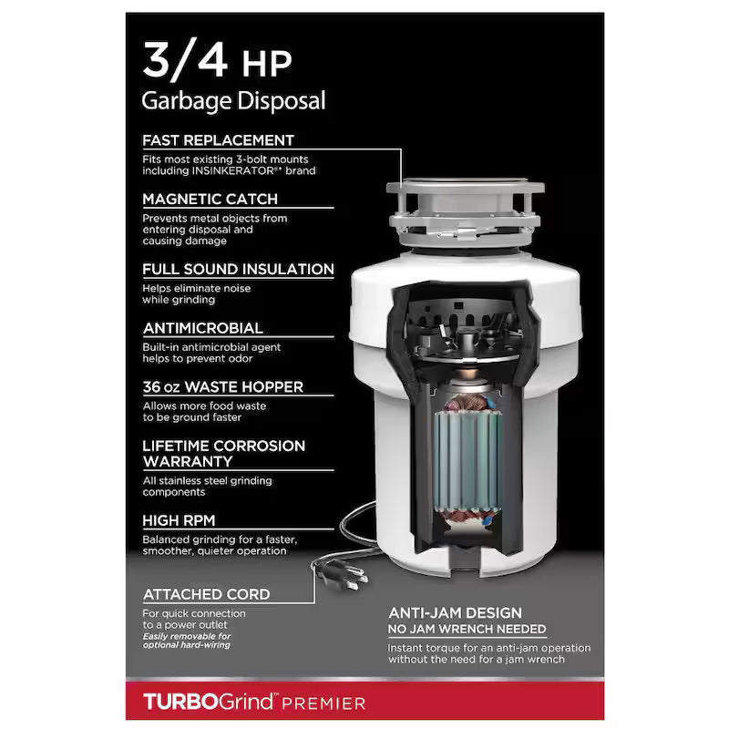 3/4 hp. Continuous Feed Garbage Disposal with Power Cord Q1104