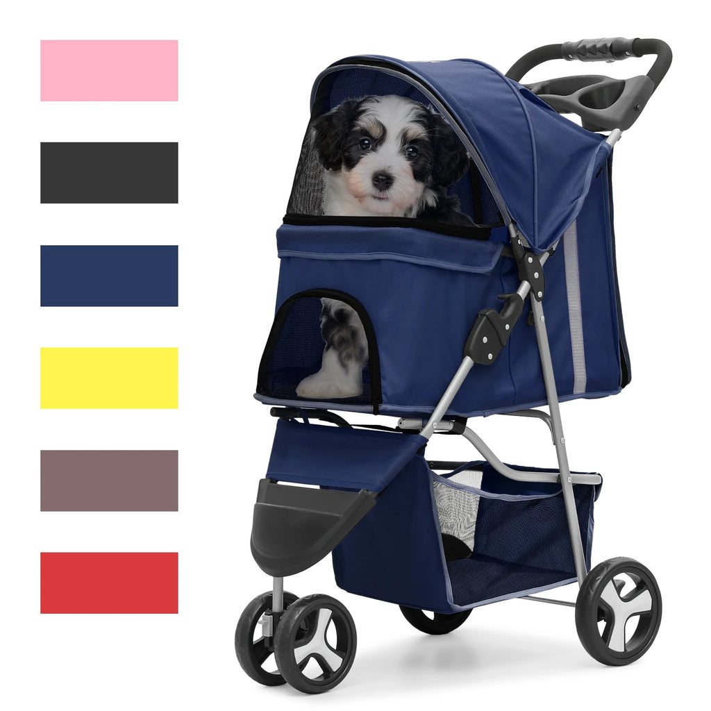 Foldable Pet Stroller with Wheels, Storage Basket and Cup Holder, Navy Blue Z315