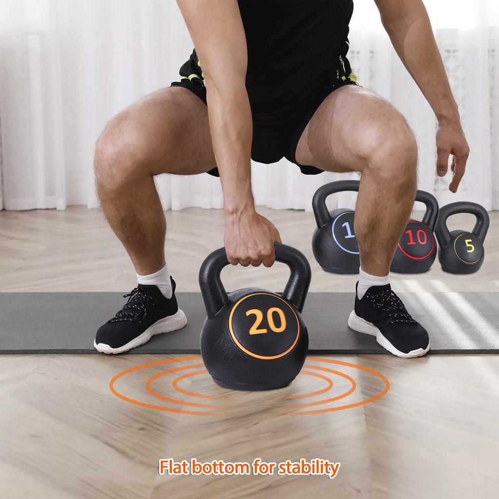 3 Piece 5lb 10lb 15lb Kettlebell Set with Storage Rack M4849