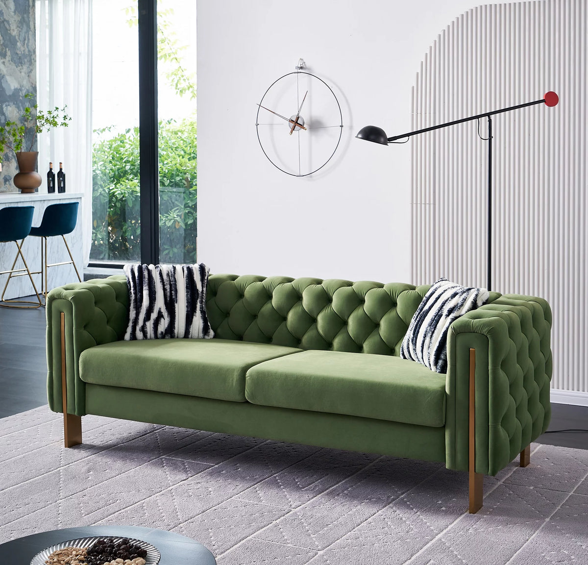 Green Tufted Velvet Sofa with 2 Pillows, 84 inches R27794