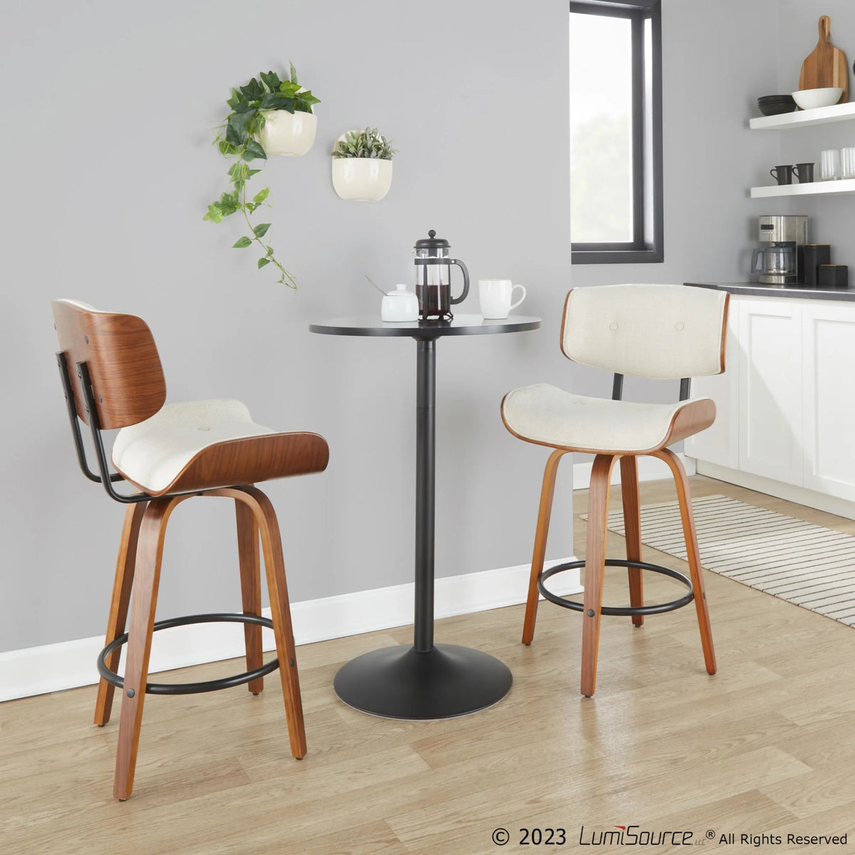 26" Mid-Century Modern Counter Stool with Swivel in Walnut Wood and Cream Noise Fabric with Round Black Metal Footrest - Set of 2 A351
