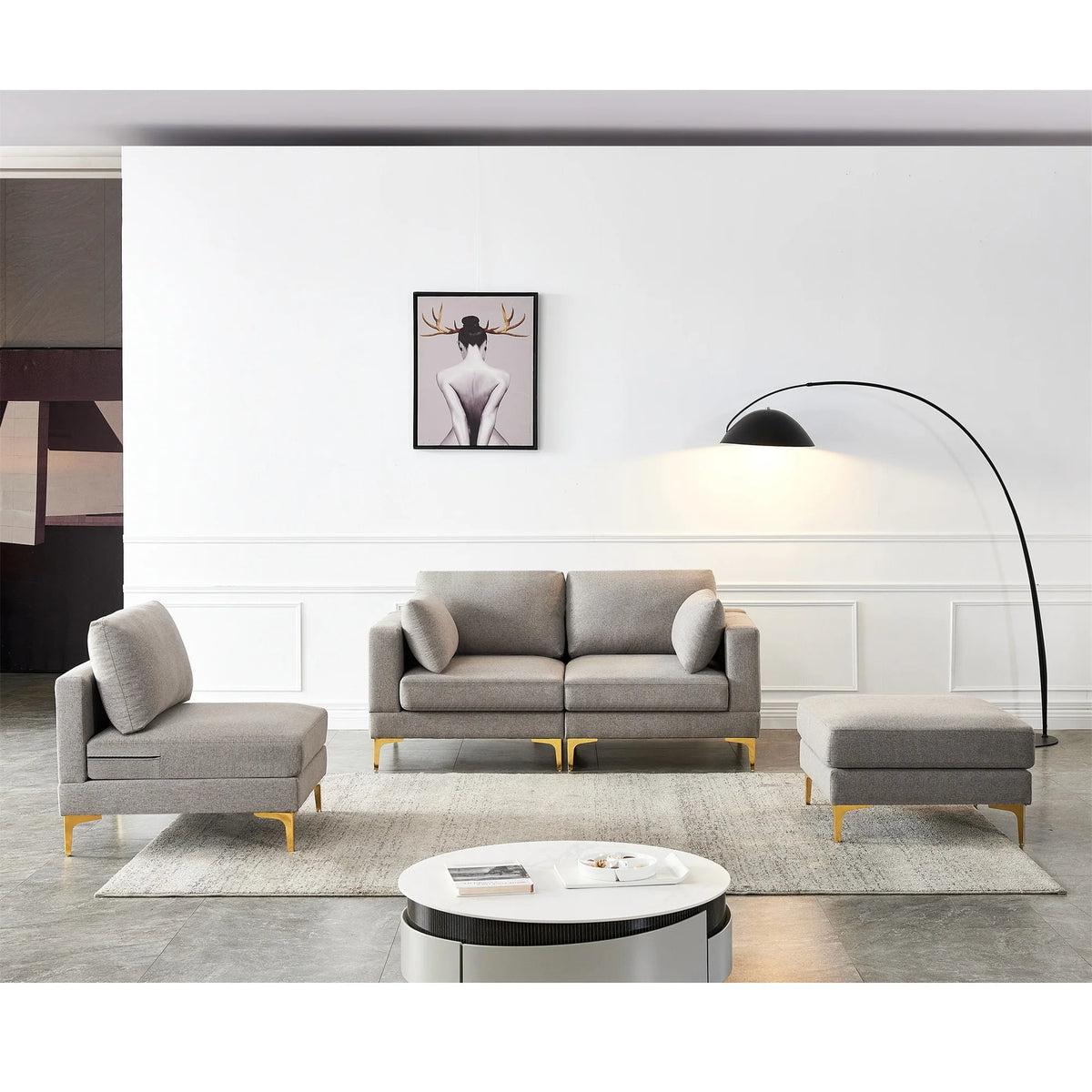 3-seater L Shape Fabric Sectional Sofa with Ottoman Grey C26121
