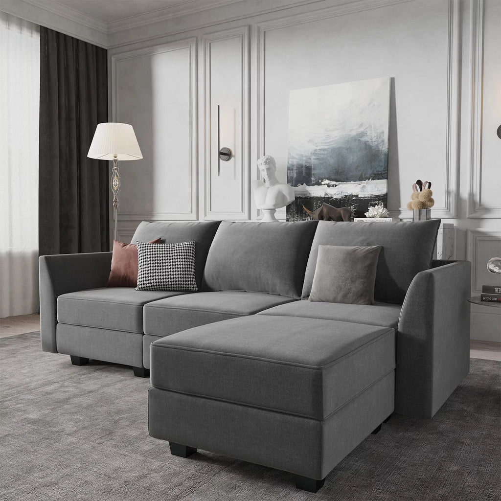 87" Convertible Sectional Sofa with Storage Seats, Grey Polyester V2529
