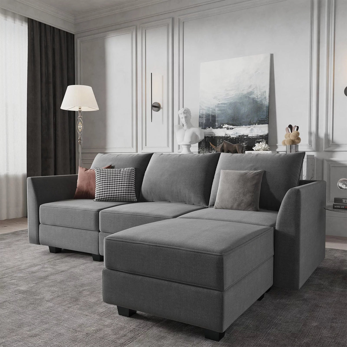 87" Convertible Sectional Sofa with Storage Seats, Grey Polyester V2529