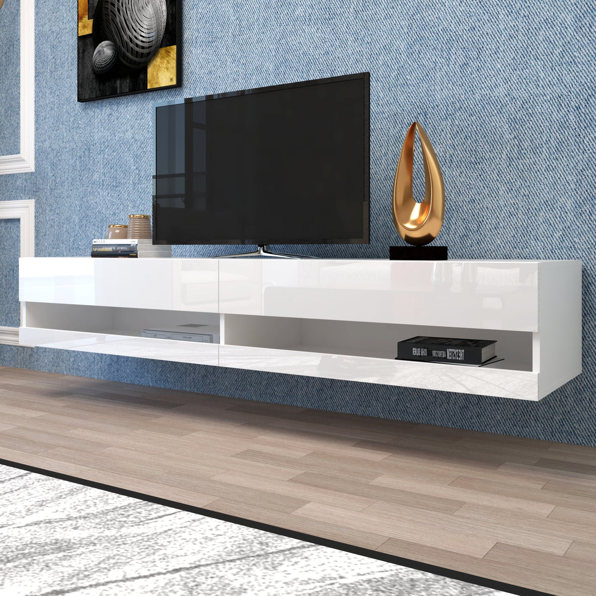 Wall Mounted Floating 80" TV Stand with 20 Color LEDs White I571