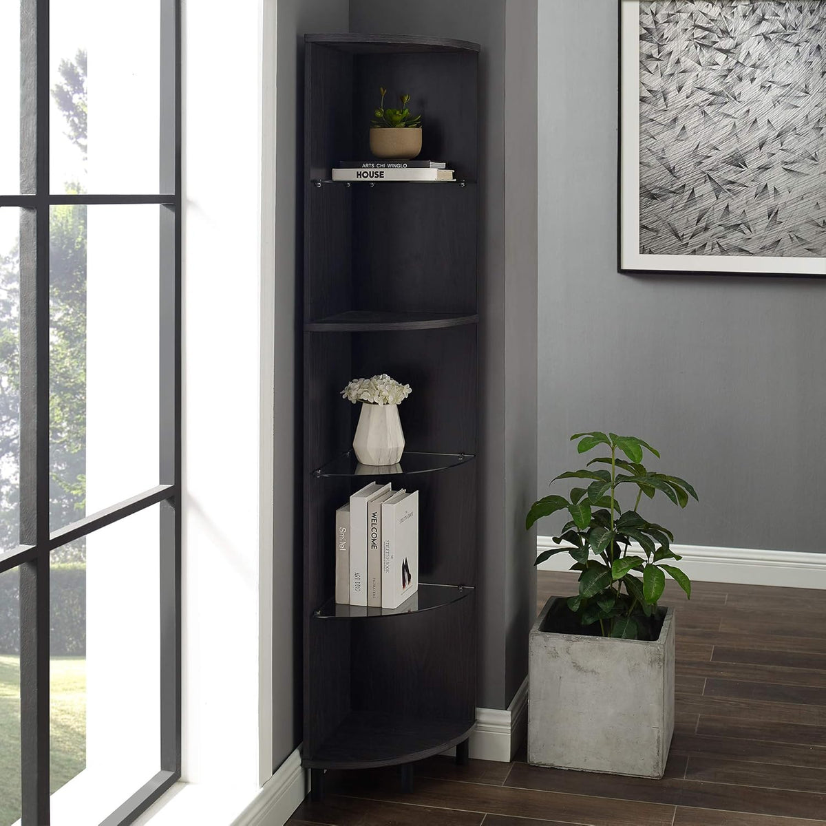 4 Glass Shelf Bookcase, 48 Inch, Dark Walnut O48294