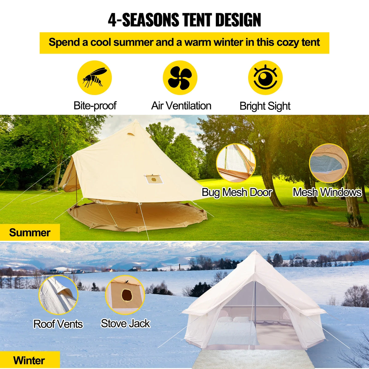 Canvas Bell Tent 16.4ft Cotton Canvas Tent with Wall Stove Jacket Waterproof Bell Tent M9360