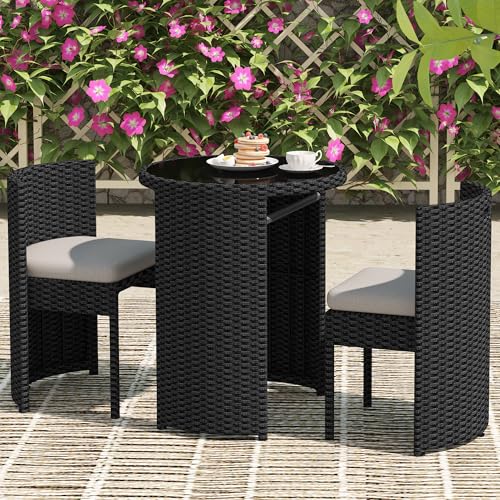 3 Pieces Aluminum Wicker Patio Bistro Set with Tempered Glass Table Black U323