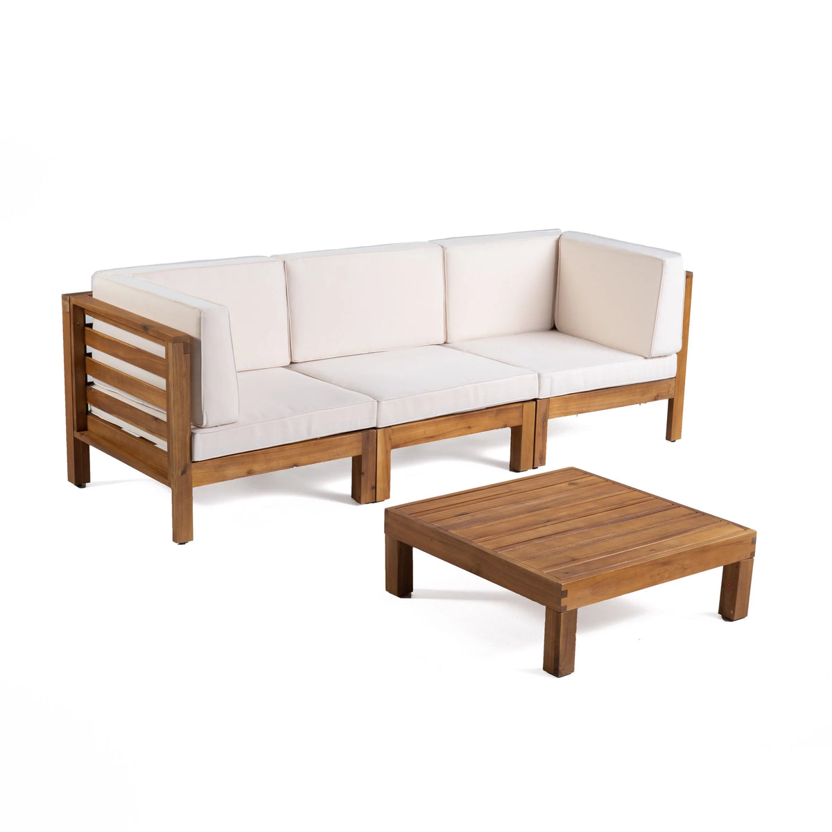 Beige and Teak Acacia Wood Sofa and Table Set X2751