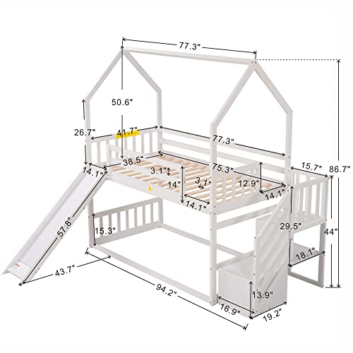 Twin Over Twin White Wood Bunk Bed with Slide and Storage Staircase K62809