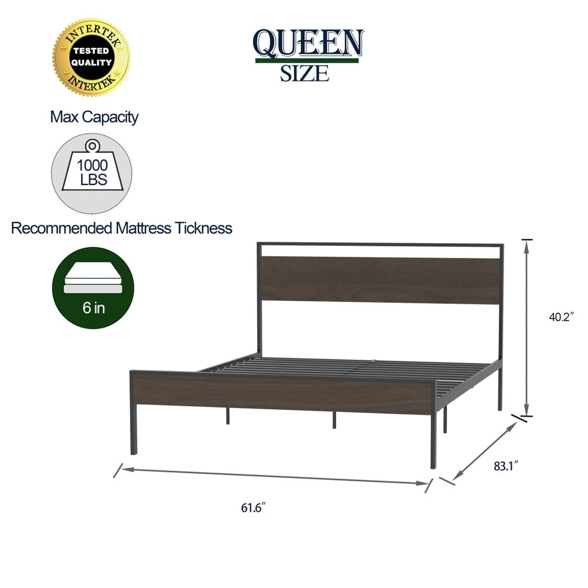 Queen Size Metal Platform Bed Frame with Wood Headboard I89338