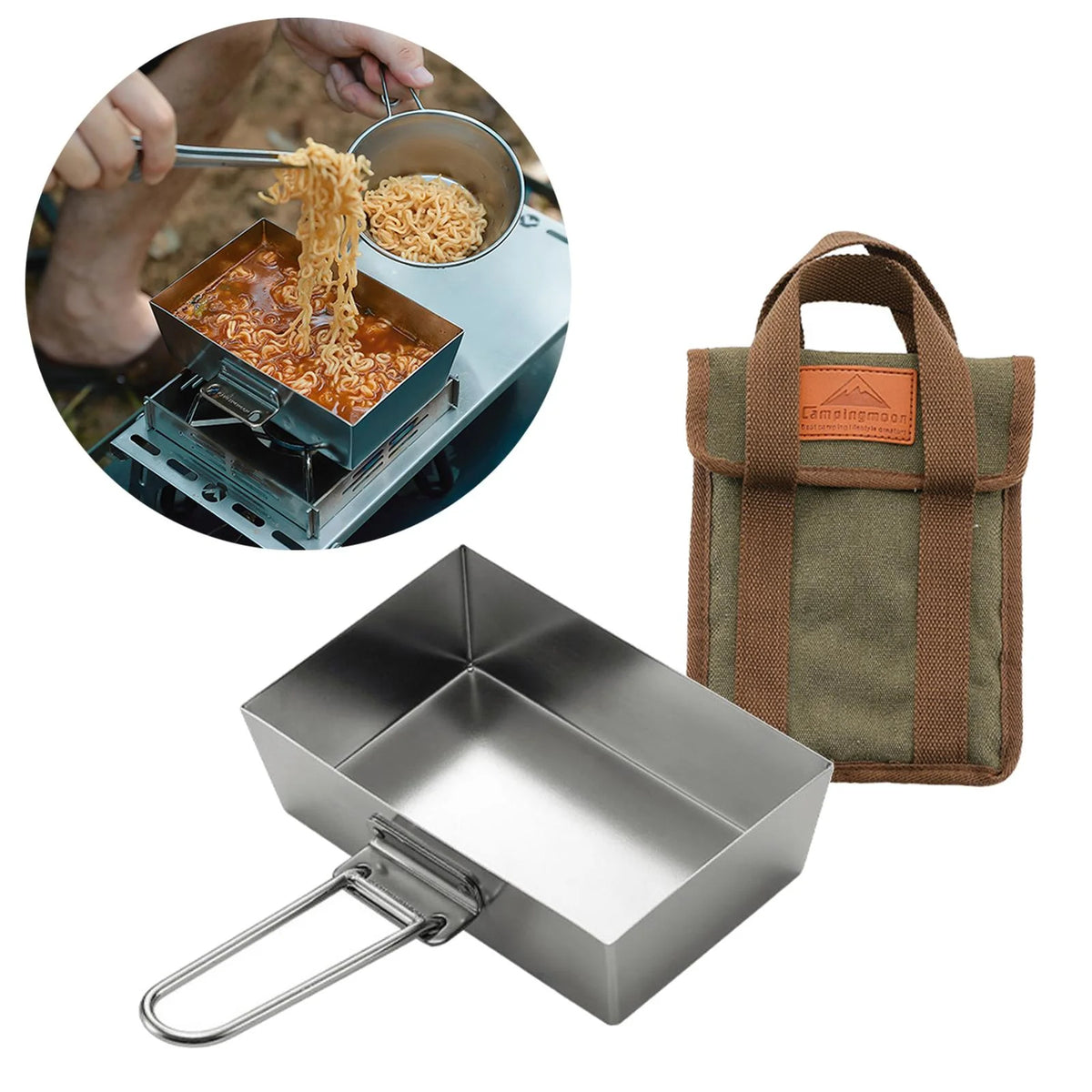 Stainless Steel Frying Pan Camping Pot with Lid Foldable Handle Cookware T214