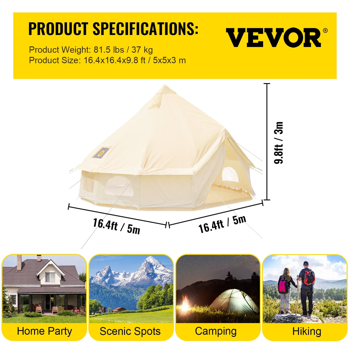 Canvas Bell Tent 16.4ft Cotton Canvas Tent with Wall Stove Jacket Waterproof Bell Tent M9360