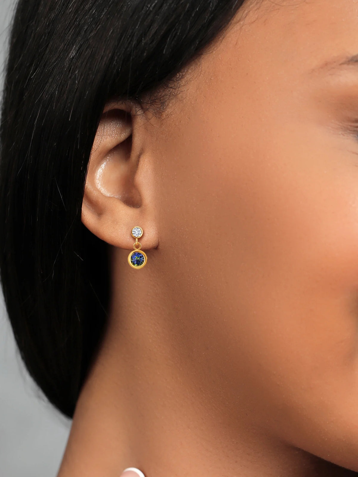 14K Yellow Gold Blue Mystic Topaz and White Diamond Two Stone Bezel Dangle Earrings J2770