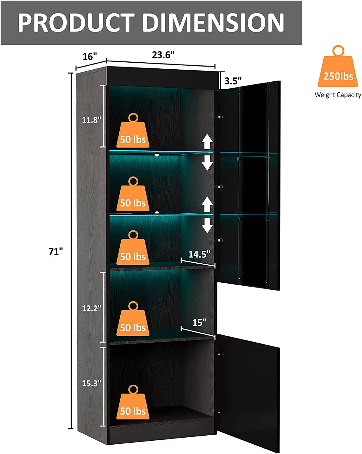 Black 2 Piece Wood Bookcase Storage Cabinet with Glass Shelves Z981540
