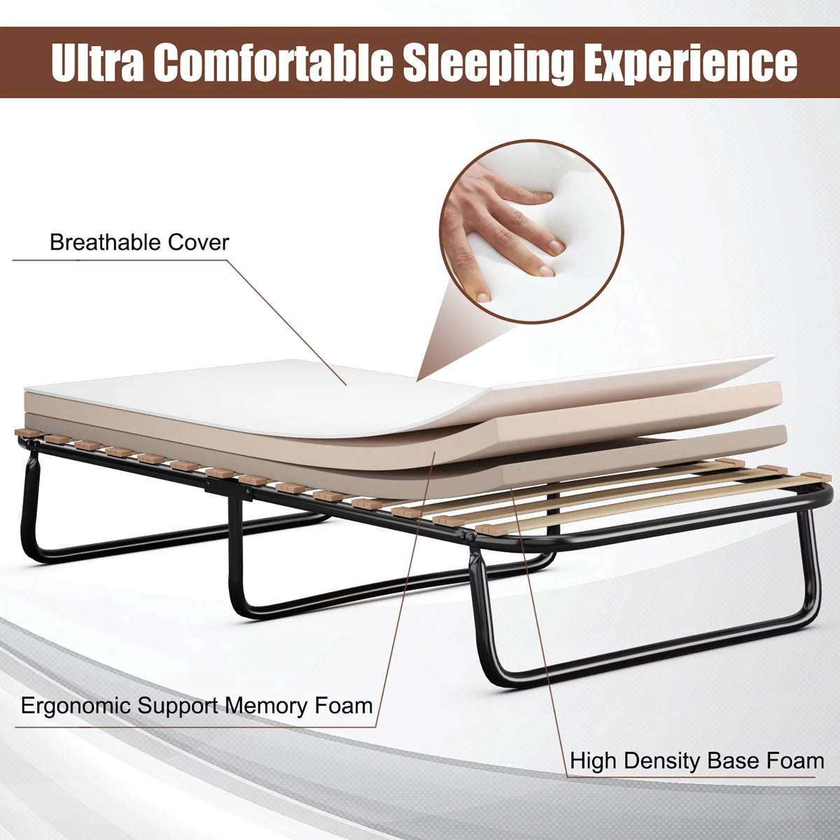 Portable Folding Guest Bed Cot with Memory Foam Mattress Twin Size Y645336