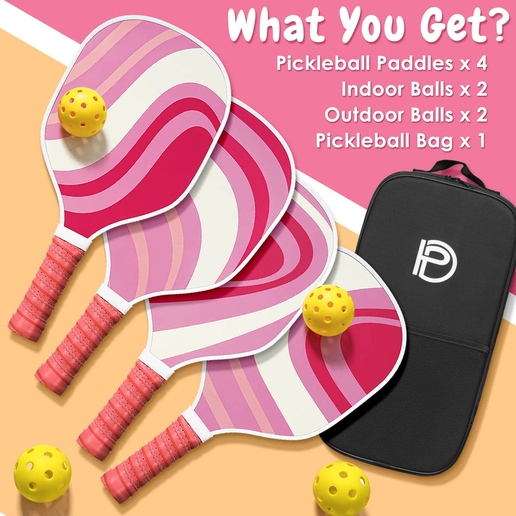 Set of 4 Wooden Pickleball Paddles with Balls and Bag F323