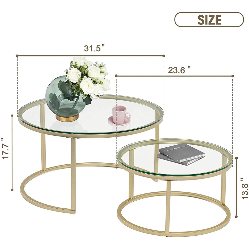 Gold Round Nesting Coffee Table Set of 2 with Tempered Glass R79946