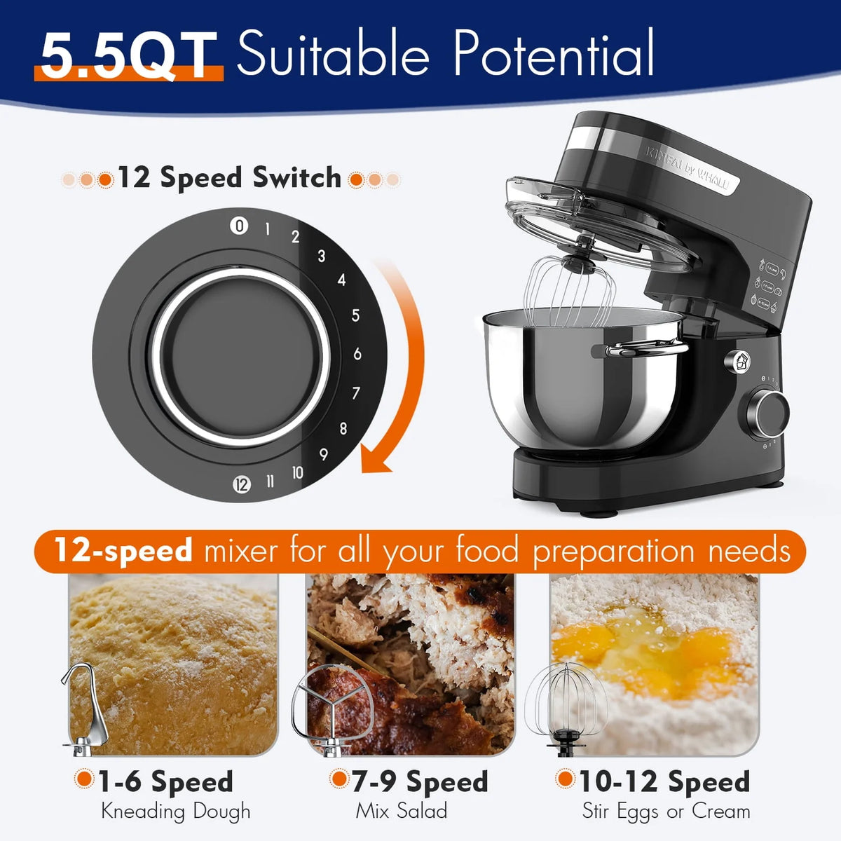 5.5Qt 12-Speed Tilt-Head Electric Kitchen Mixer with Stainless Steel Bowl H710827