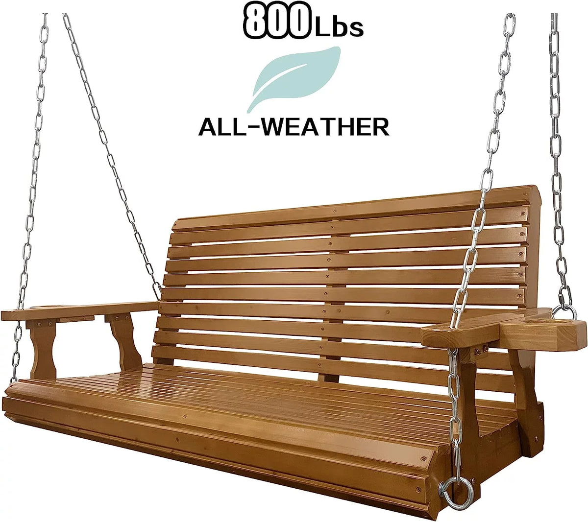 Brown 2 Seater Wooden Porch Swing with Cupholders A40590