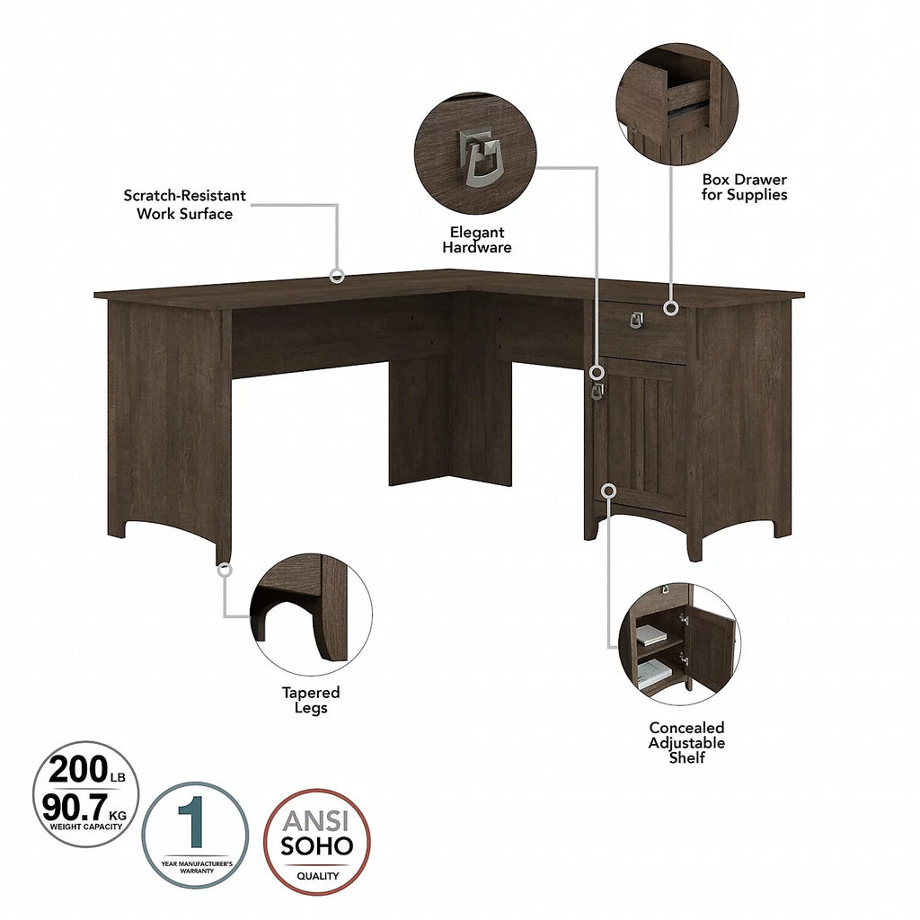 Ash Brown L Desk with File Cabinet & Bookcase J600