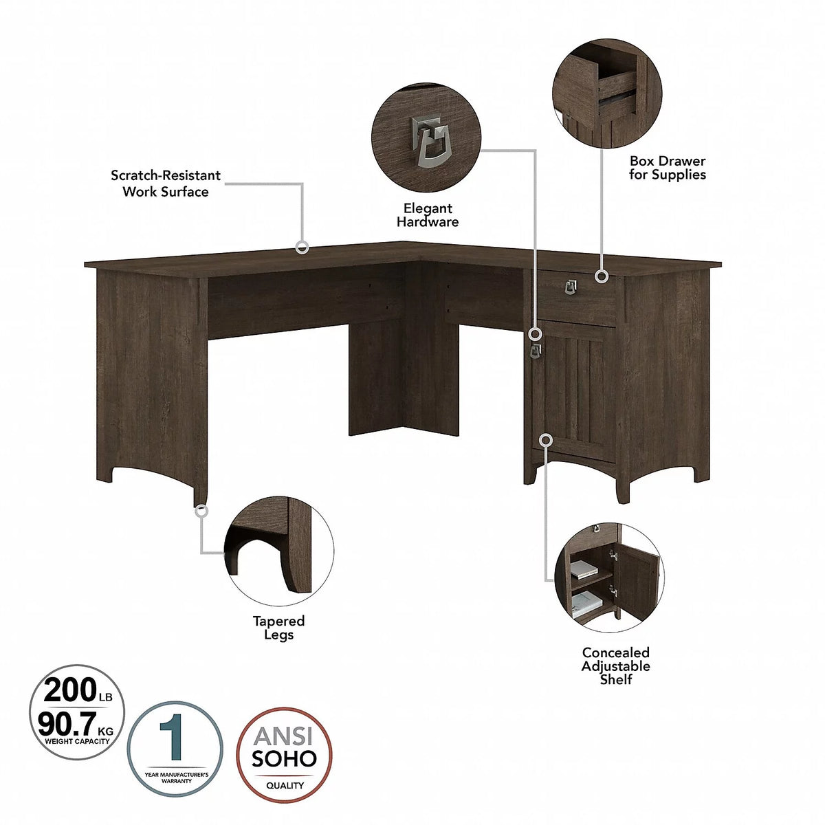 Ash Brown L Desk with File Cabinet & Bookcase J600
