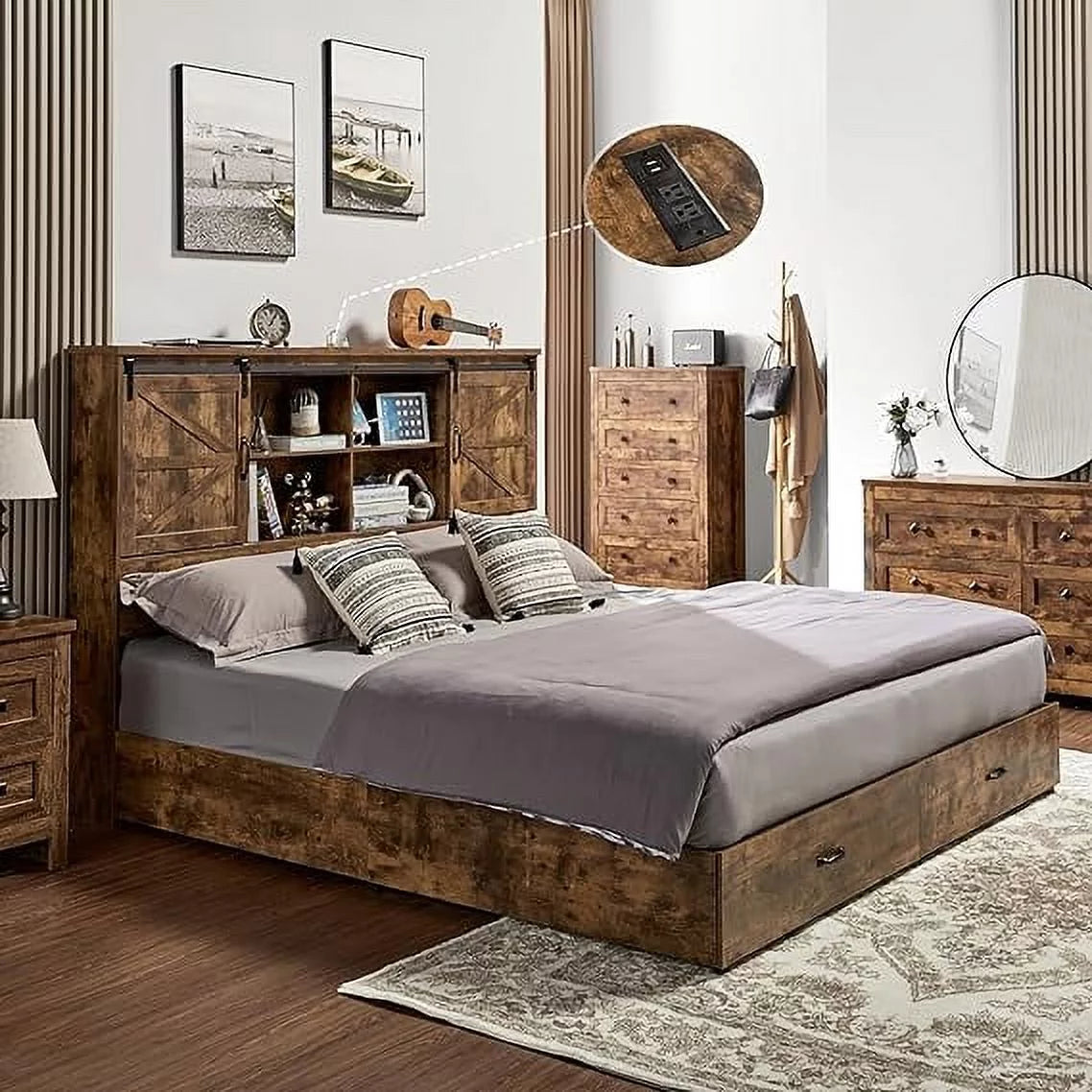 King Size Wooden Platform Storage Bed Frame with Bookcase Headboard K229
