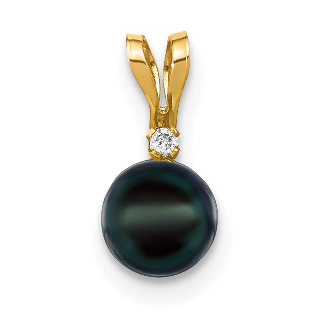 14K Yellow Gold Black Akoya Cultured Pearl Diamond Pendant Charm with Rope Chain Necklace 20'' X239755