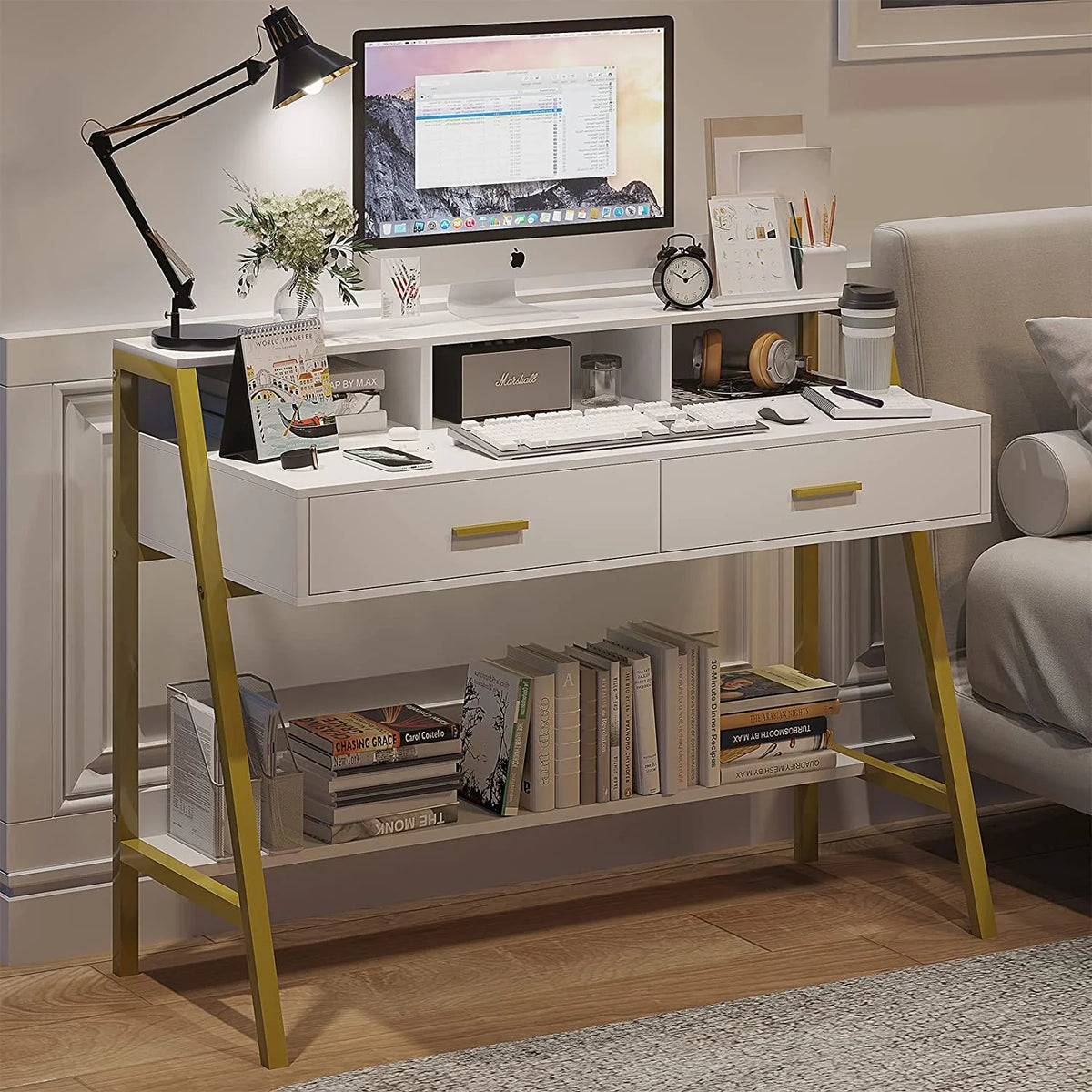 White and Gold Computer Desk with Drawers C432838