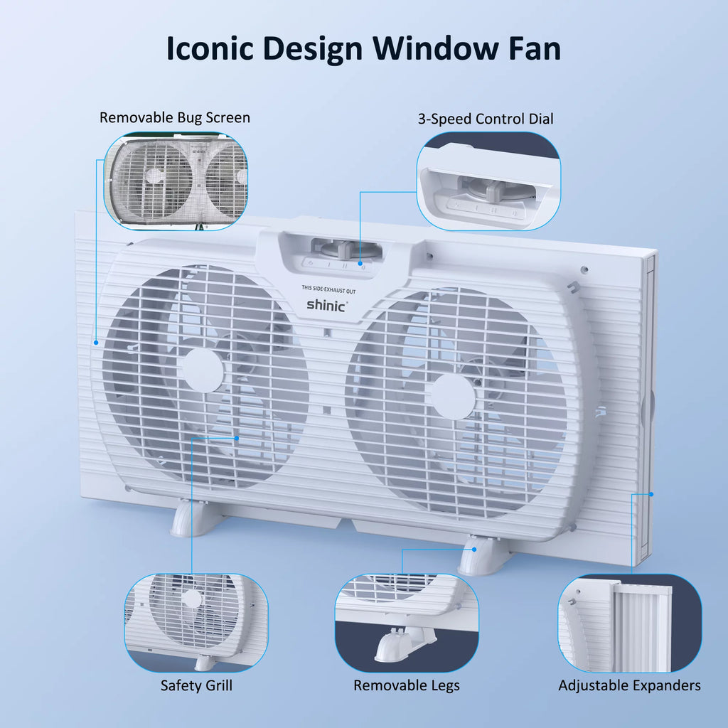 9 3-Speed Twin Window Fan with Removable Bug Screen, White E6926